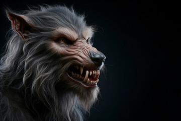 photorealistic studio portrait of a werewolf on black background. ai generative