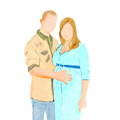 Ilustracja grafika młoda para kobieta w ciąży mężczyzna bez twarzy z ręką na ciężarnym brzuchu kobiety.