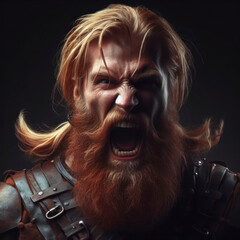 photorealistic studio portrait of an angry screaming viking warrior on black background. ai generative