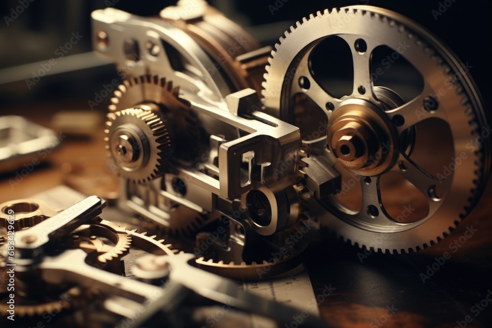 Poster a close-up view of a clock mechanism on a table. this image can be used to depict time, precision, m