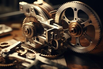 A close-up view of a clock mechanism on a table. This image can be used to depict time, precision, mechanics, or the concept of time management - obrazy, fototapety, plakaty