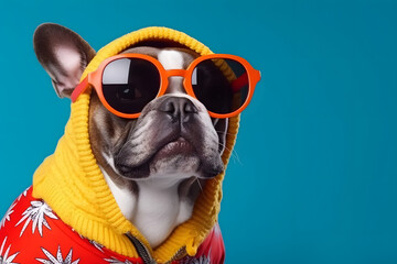 Funny dog with fashionable clothes portrait on background. - obrazy, fototapety, plakaty