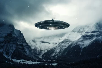 Papier Peint photo Lavable UFO an alien ship in snowing mountains photograph, photography, professional quality --ar 3:2 --v 5.2 Job ID: 26c21333-496e-43ca-bec5-1f9fb60a53f1
