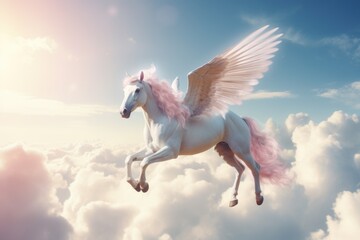 Obraz na płótnie Canvas A stunning image of a white horse with a pink mane flying gracefully through the sky. 