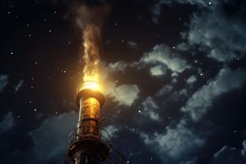 A bright light shining at the top of a tower. This image can be used to depict safety, guidance, or a beacon of hope