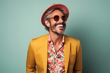 Happy and funny man with fashionable clothes portrait on background. - obrazy, fototapety, plakaty