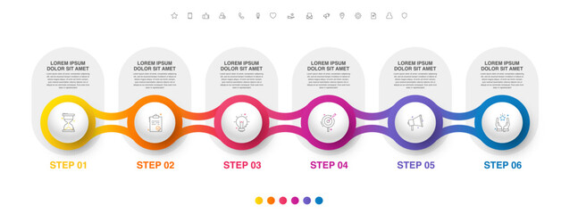 Vector infographics six circles. Business concept of 6 steps, options. Infographic template for diagram, business, web, banner, presentations, flowchart, content, levels, chart