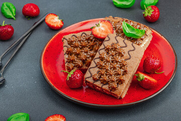 Delicious chocolate cakes with fresh strawberries. Sweet dessert, good morning concept