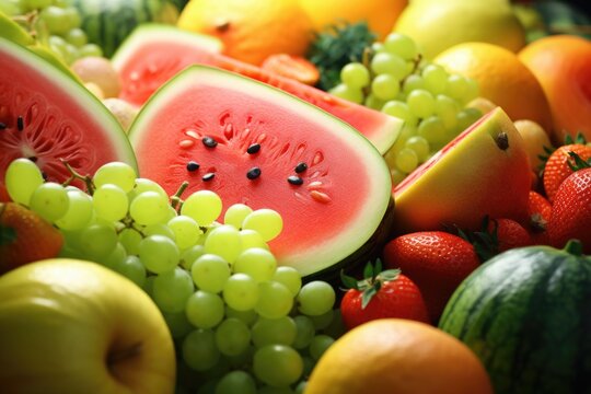 A close-up view of a variety of fresh and colorful fruits. This image can be used to promote healthy eating, in cooking or recipe blogs, or for any projects related to nutrition and wellness