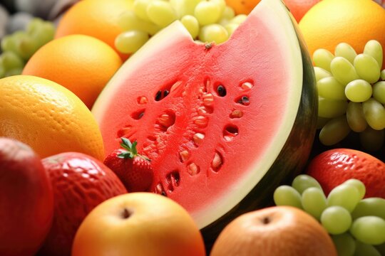 A detailed view of a variety of fresh and colorful fruits. This image can be used to showcase the beauty and freshness of natural produce
