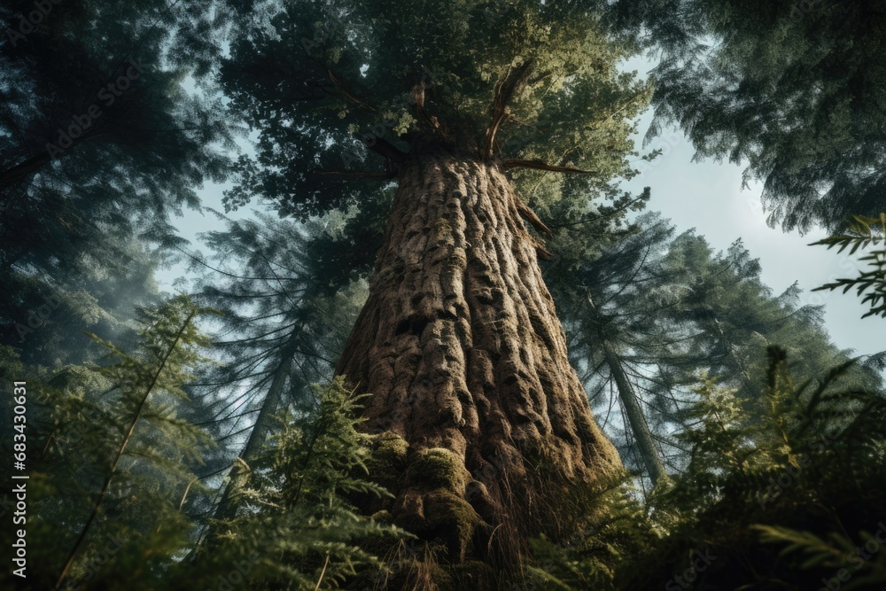 Poster a picture of a tall tree standing in the middle of a forest. this image can be used to depict the be