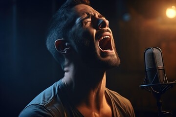 A man with his mouth open, singing into a microphone. This image can be used to depict live performances, concerts, karaoke, or any music-related events