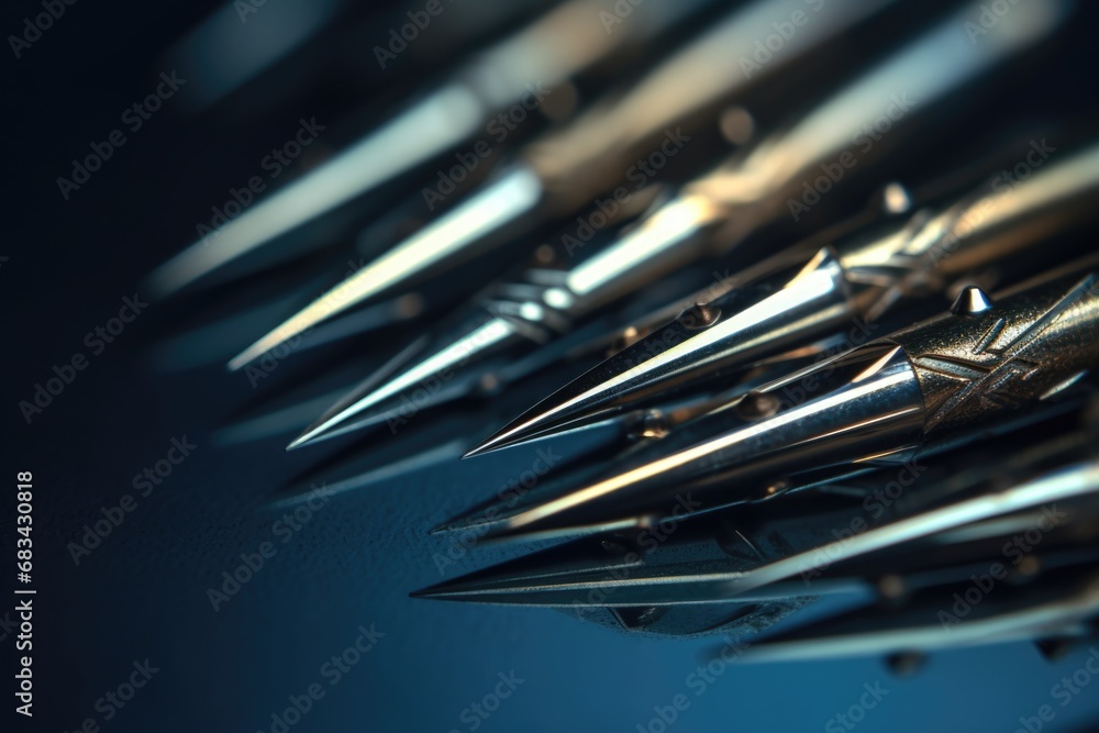 Poster a detailed view of a collection of metal spikes. this versatile image can be used to depict concepts