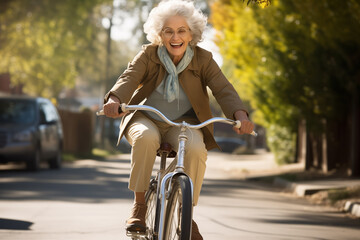 Older mature senior woman 65 keeping fit and enjoying like ridaing a bicycle