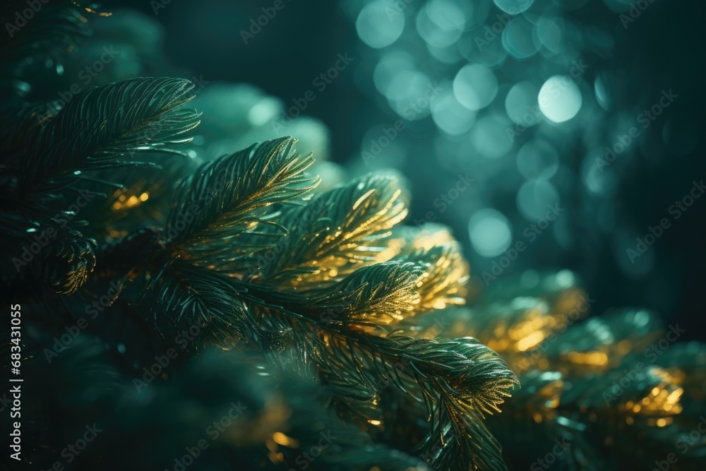 Aufkleber a detailed view of a pine tree with twinkling lights in the background. perfect for adding a festive
