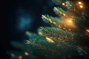 Fototapeta na wymiar A detailed view of a pine tree with beautiful lights in the background. Perfect for adding a festive touch to holiday-themed designs or creating a cozy atmosphere in winter-related projects