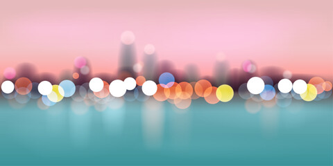Beautiful horizontal background with a night city in glowing multi-colored lights from lanterns with a pink sky and turquoise water. Vector illustration.