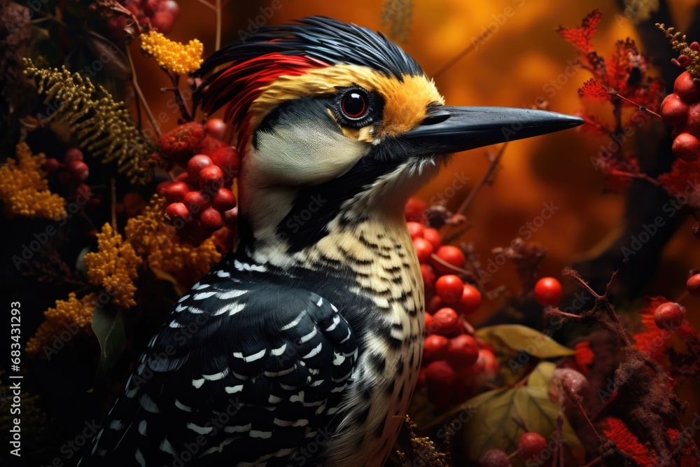 Poster a detailed view of a bird with a beautiful background of berries. perfect for nature enthusiasts or 