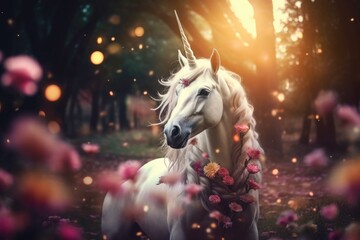 A beautiful white horse stands gracefully in a field of colorful flowers.  - obrazy, fototapety, plakaty