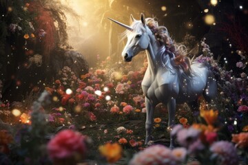 Obraz na płótnie Canvas A majestic white unicorn standing gracefully in a field of vibrant flowers. 