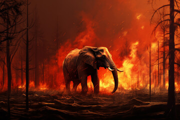 Elephant inside a Burning Forest symbolizing the Urgent Message of Deforestation Climate Changer and Global Warming. Ai generated