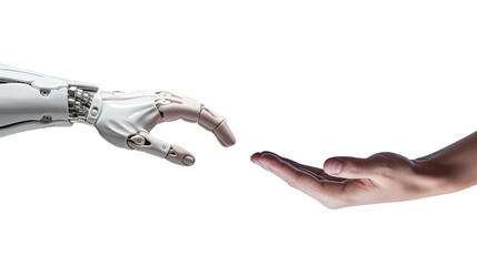 Human hand trying to reach robotic Ai hand. Isolated on transparent background