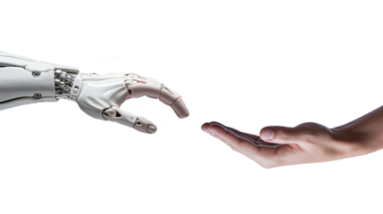 Human hand trying to reach robotic Ai hand. Isolated on transparent background