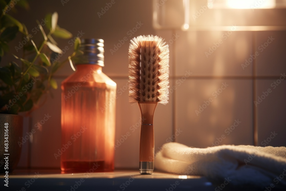 Poster a wooden brush is placed on top of a counter next to a bottle. this versatile image can be used to d