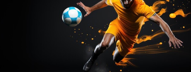 Soccer player in action, motion isolated on black background. Concept of sport, movement, energy and dynamic. Soccer Concept With a Space For a Text. - obrazy, fototapety, plakaty