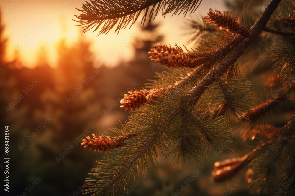 Poster a close-up shot of a pine tree branch with several pine cones attached. this image can be used to de