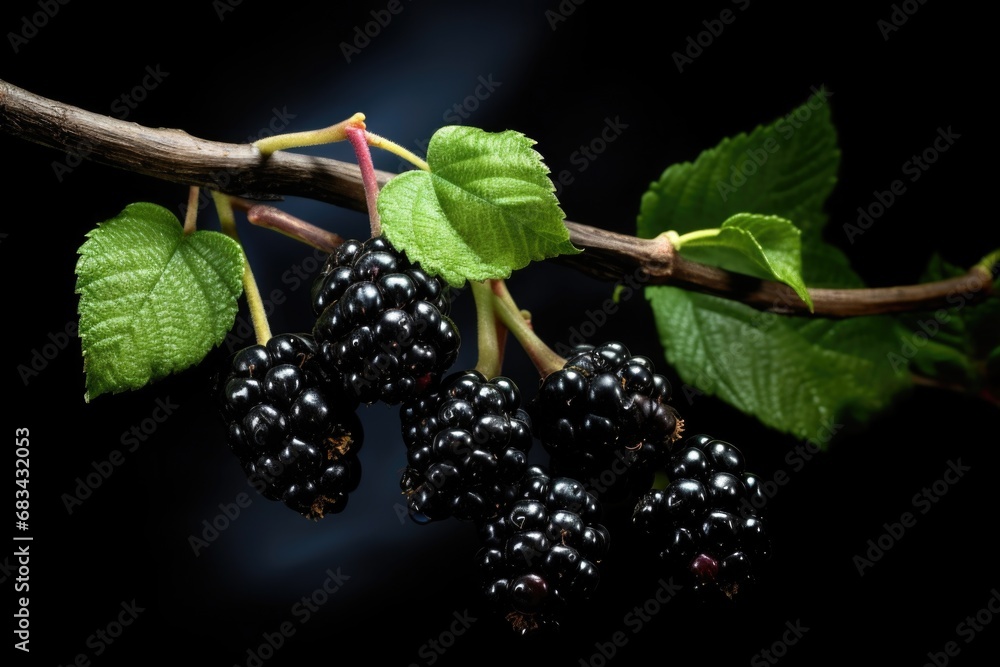 Poster a bunch of blackberries hanging from a branch. this image can be used to showcase fresh fruits or in