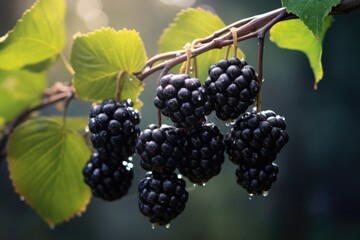 A cluster of ripe blackberries hanging from a branch, ready to be picked and enjoyed. This image can be used to showcase the beauty of nature's bounty and the freshness of organic produce