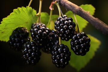 A bunch of blackberries hanging from a branch. This image can be used to showcase the beauty of nature and the deliciousness of fresh fruits