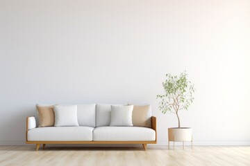 Beige sofa with white cushions and pillows, the potted tree next to the sofa, contemporary design. Simple living, minimalist home design, modern and minimalist living room interior. 
