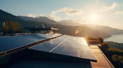 Solar panels on the roof of the modern house. Sunset behind mountains.