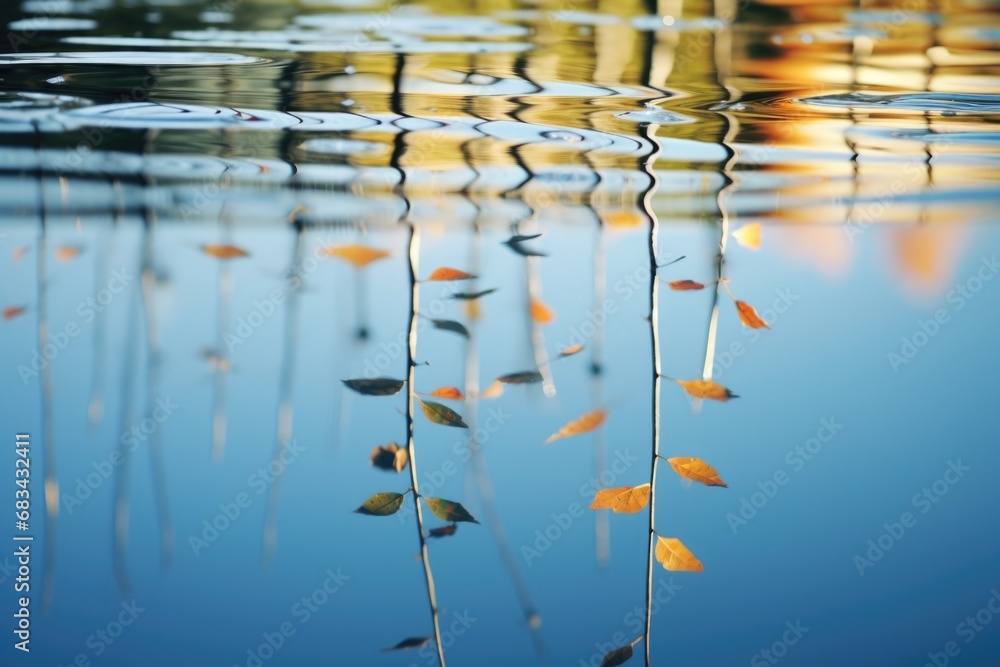 Poster a captivating image of a bunch of leaves floating peacefully on top of a body of water. perfect for 