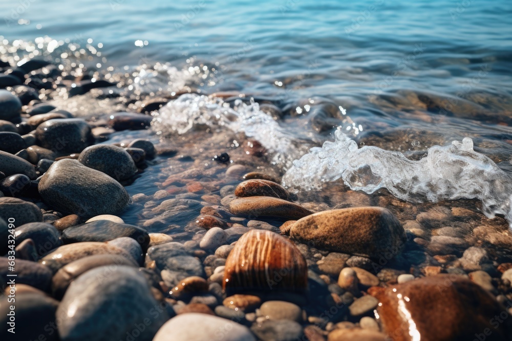Poster a scenic view of a beach with rocky formations and a powerful wave approaching. this image can be us