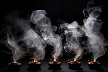 A group of bowls of food with smoke coming out of them. Perfect for illustrating delicious and flavorful dishes in various culinary contexts