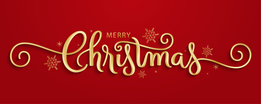 MERRY CHRISTMAS gold metallic vector brush calligraphy banner with snowflakes on red background