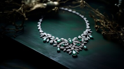A regal necklace adorned with emeralds and diamonds, the green hues contrasting brilliantly, presented on a luxury stand set on a white surface.