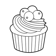 Sweet yummy cupcake which blueberries and buttercream. Design element. Black and white outline illustration for coloring book