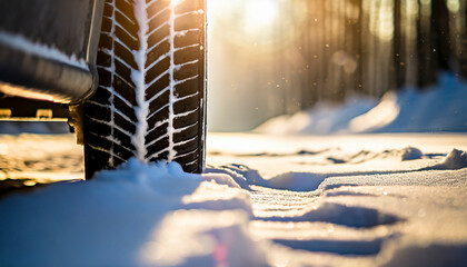 car tire on deep snow, winter driving conditions