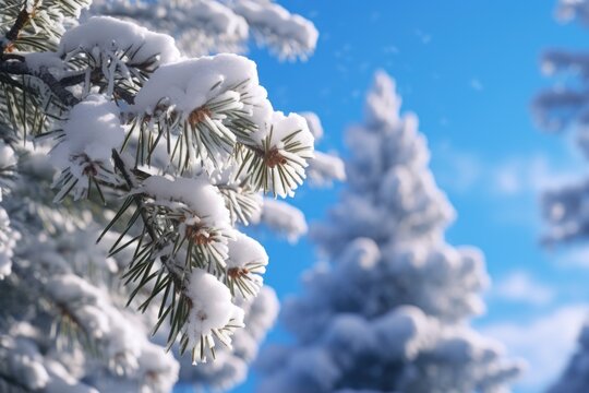 A beautiful pine tree covered in snow, standing tall against a clear blue sky. This picture captures the serene and peaceful winter atmosphere. Perfect for winter-themed designs and holiday promotions