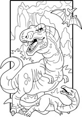 prehistoric dinosaur tyrannosaurus, contour illustration coloring book - 683433262