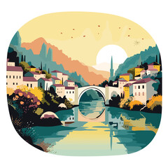 copy space, simple vector illustration, famous bridge in Mostar in the Federation of Bosnia and Herzegovina. View on Stari Most, the old bridge on the Neretva river in the city centre. Famous touristi