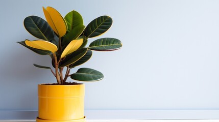 A robust rubber plant with shiny leaves, nestled in a mustard-yellow pot, shining luminously against a stark white surface.