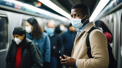 Man wearing face mask on public train with crowded people, corona virus outbreak prevention, Health care, COVID-19, Influenza COVID-23 pandemic outbreak city lifestyle problem rush hour commuting - obrazy, fototapety, plakaty