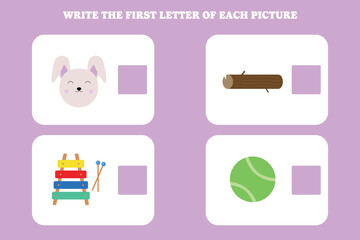 Write the first letter of each picture. Educational game for preschool, kindergarten or elementary kids.