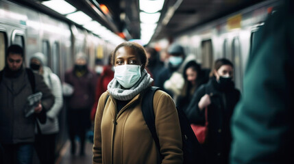 Fototapeta na wymiar Woman wearing face mask on public train with crowded people, corona virus outbreak prevention, Health care, COVID-19, Influenza COVID-23 pandemic outbreak city lifestyle problem rush hour commuting