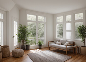 A cozy indoor den, filled with natural daylighting from the large window, featuring a sleek hardwood loveseat and armrest, nestled in the corner of the room. 